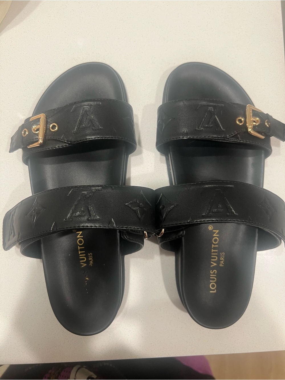 Louis Vuitton Black Monogram Buckle Double-Strap Slide Sandals